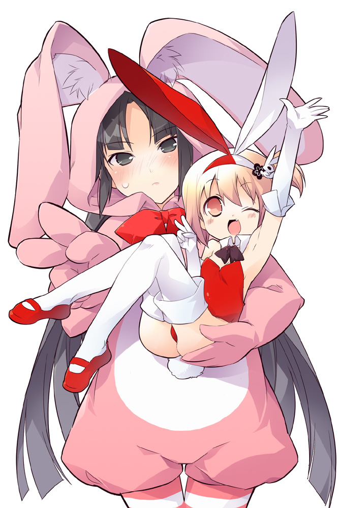 animal_ears, black_eyes, black_hair, blonde_hair, blush, brown_eyes, bunny_costume, bunny_ears