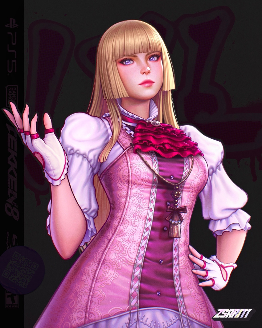 1girl, artist_name, bandai_namco, blonde_hair, blu-ray_logo, character_name, commentary, english_commentary