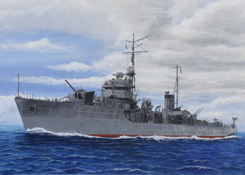 absurdres, acrylic_paint_(medium), atelier_bono, cannon, clouds, gunboat, highres, imperial_japanese_navy
