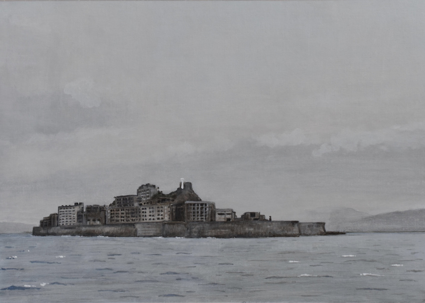 absurdres, acrylic_paint_(medium), atelier_bono, building, clouds, cloudy_sky, commentary, hashima_island