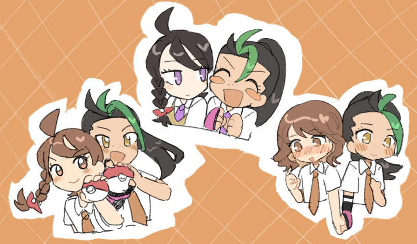 4girls, :d, anna_(pokemon), black_hair, blush, blush_stickers, braid, brown_eyes