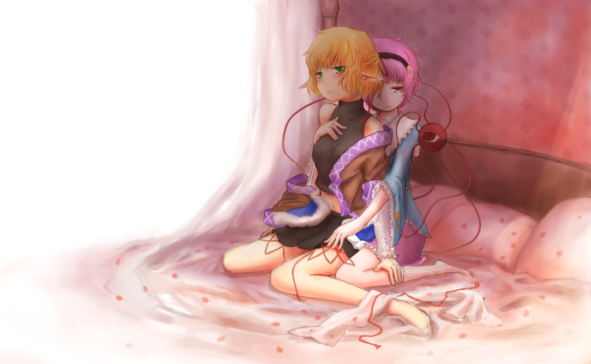 bad_id, barefoot, blonde_hair, blouse, blush, eyeball, frown, green_eyes