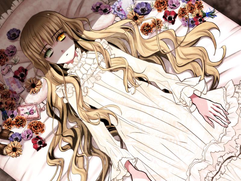 akira_(kaned_fools), bed, brown_hair, charlotte_bronte, dress, expressionless, flower, game_cg
