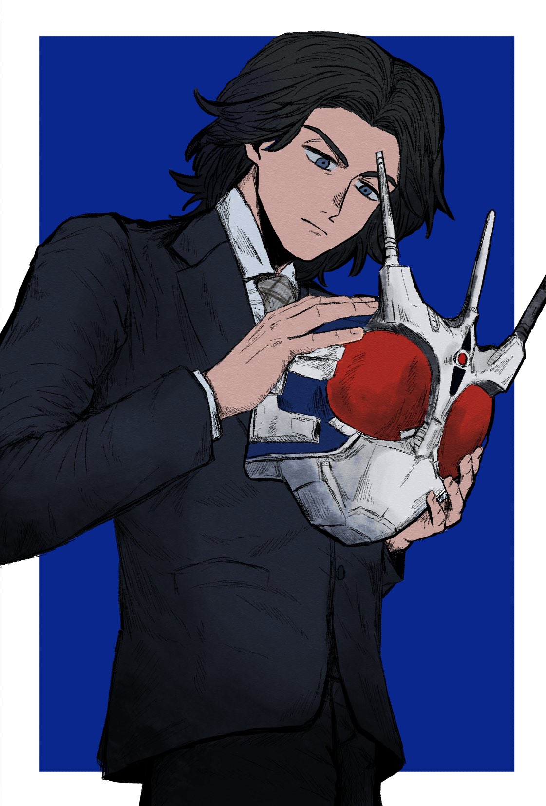 1boy, blue_background, blue_eyes, collared_shirt, formal_clothes, helmet, highres, hikawa_makoto