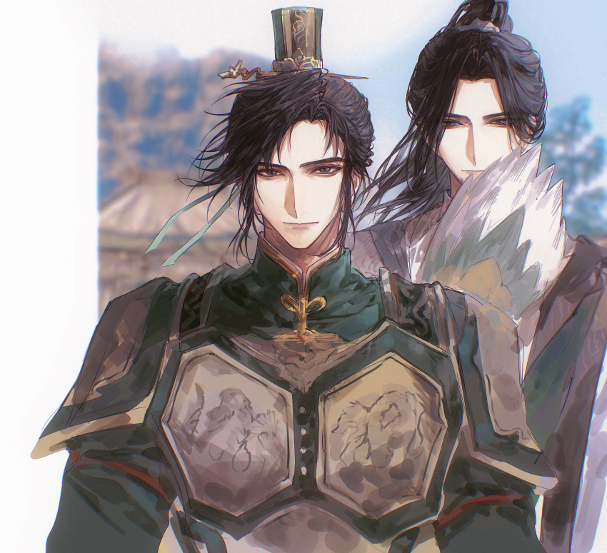 2boys, absurdres, armor, black_eyes, black_hair, blurry, blurry_background, breastplate, chinese_clothes, closed_mouth, curtained_hair, feather_fan, feathers, floating_hair, green_ribbon, green_shirt, green_sleeves, hair_ornament, hair_ribbon, hair_stick, hand_fan, hanfu, highres, liu_bei_(shin_sangoku_musou), long_hair, looking_at_viewer, male_focus, mandarin_collar, multiple_boys, nanyangyeren51232, outdoors, parted_bangs, pauldrons, ponytail, ribbon, shin_sangoku_musou, shin_sangoku_musou_origins, shirt, short_hair, shoulder_armor, straight-on, upper_body, white_feathers, white_hanfu, xiao_guan_(headdress), zhuge_liang_(shin_sangoku_musou)