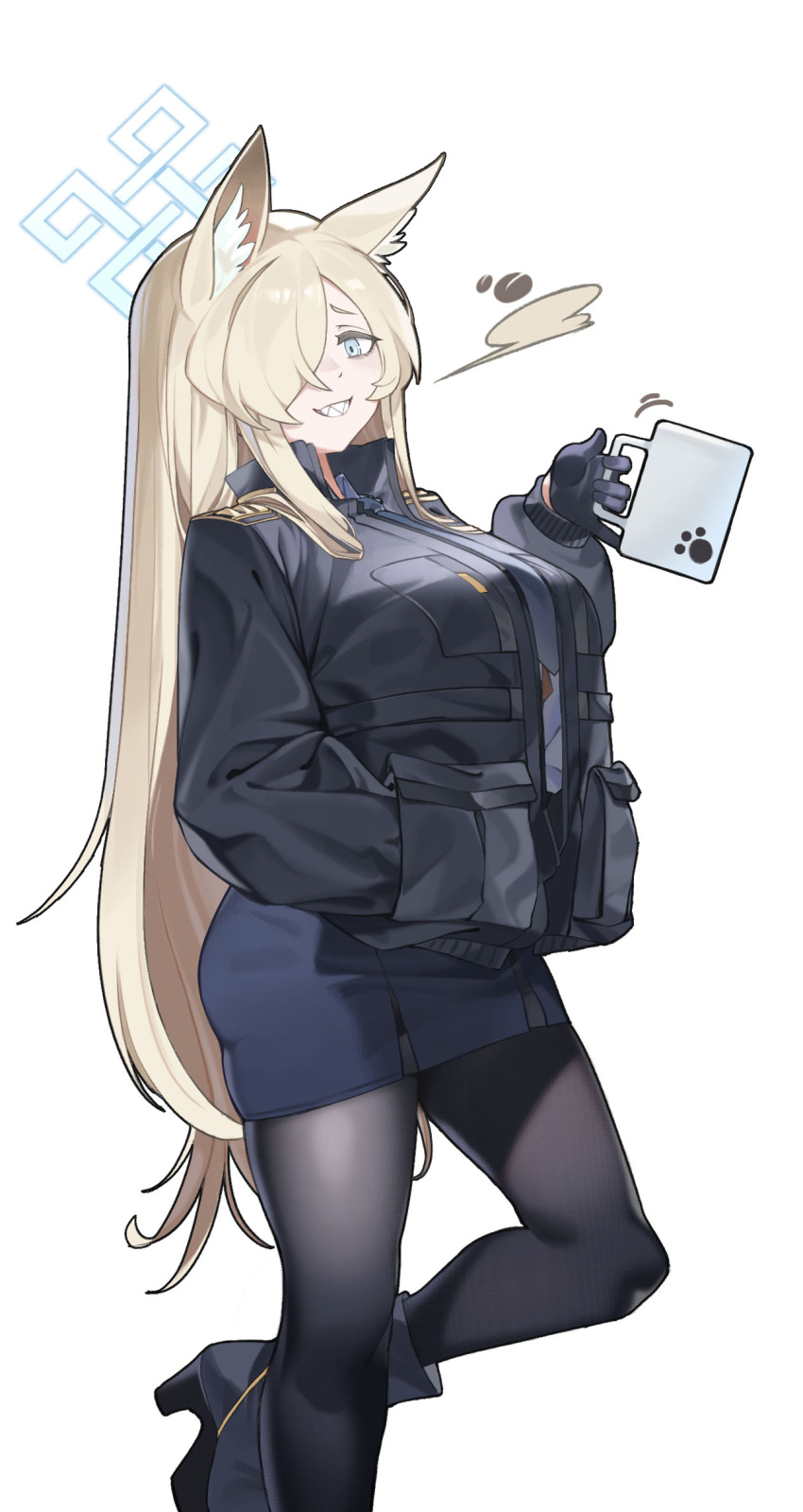 1girl, animal_ear_fluff, animal_ears, blonde_hair, blue_archive, blue_halo, breasts, coffee_mug