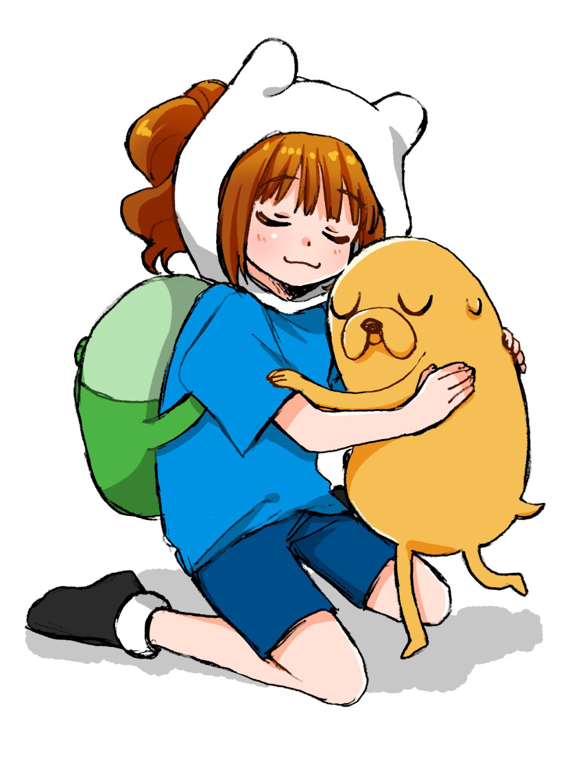 1boy, 1girl, adventure_time, backpack, bag, black_shoes, blue_shirt, blue_shorts