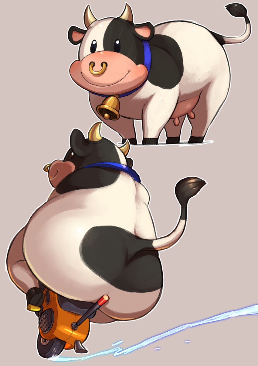 bell, black_fur, cow, cow_horns, cow_tail, grey_background, highres, horns