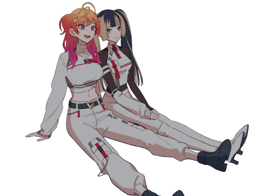 2girls, ahoge, belt, black_belt, black_bodysuit, black_boots, black_hair, blonde_hair