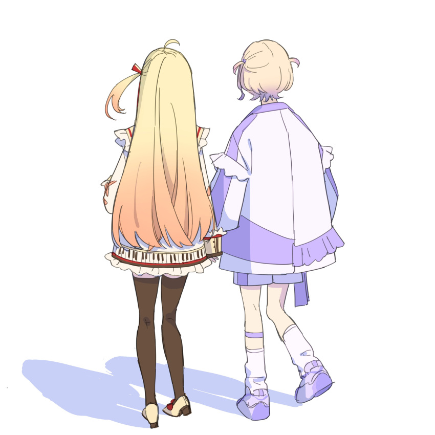 2girls, absurdres, ahoge, black_thighhighs, blonde_hair, colored_tips, commentary, frilled_jacket