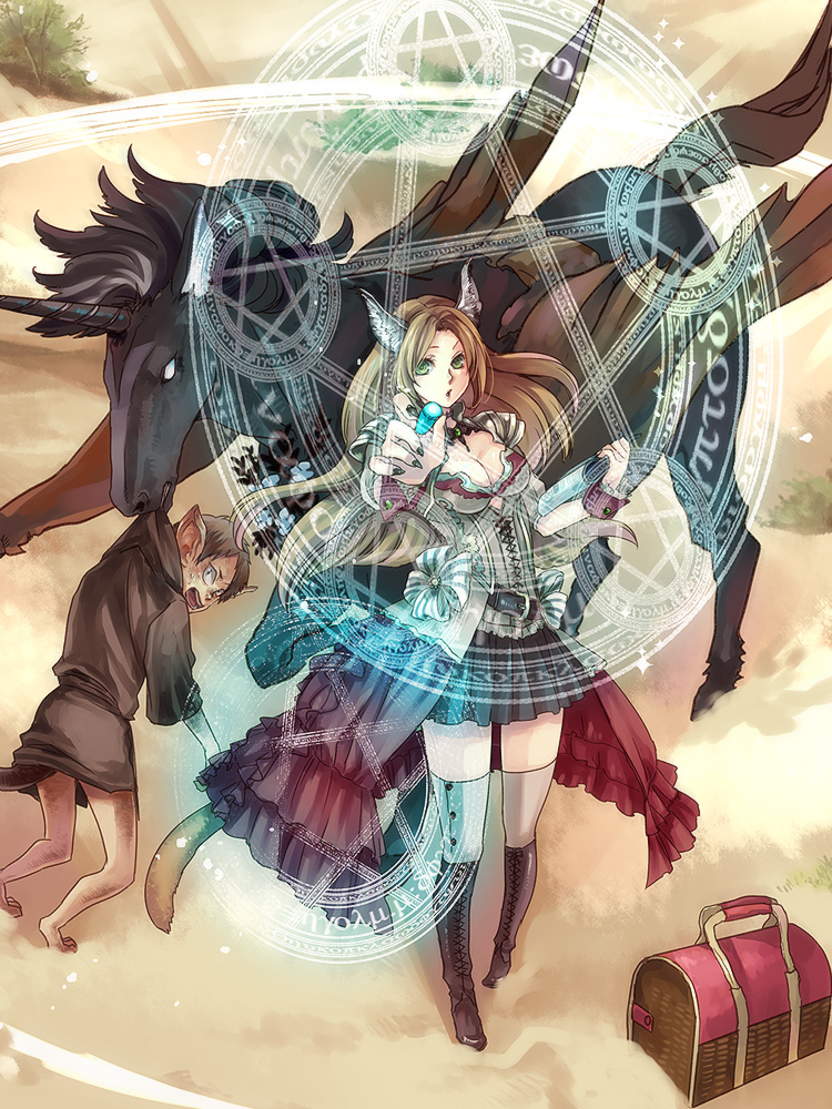 1boy, 1girl, armor, bag, boots, bow, breasts, brown_hair