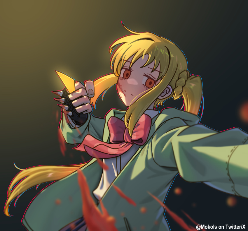 1girl, absurdres, ahoge, ahoge_removed, blonde_hair, blood, blood_on_face, blood_on_hands