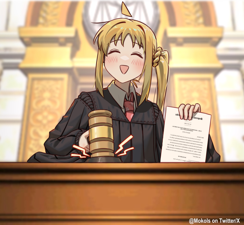 1girl, :d, ^_^, ace_attorney, artist_name, blonde_hair, blush, bocchi_the_rock!, closed_eyes, cosplay, courtroom, facing_viewer, gavel, heart, highres, holding, holding_paper, ijichi_nijika, judge, judge_robe, myvia_mokols, necktie, paper, side_ponytail, smile, solo, the_judge_(ace_attorney), the_judge_(ace_attorney)_(cosplay), twitter_username