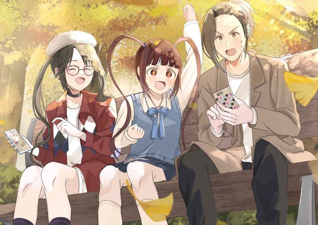 1boy, 2girls, alternate_costume, ankle_socks, arm_up, asymmetrical_hair, bench, beret