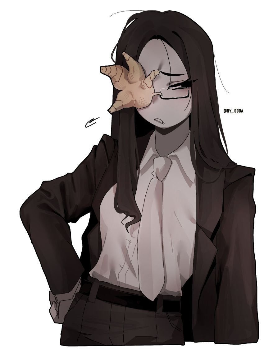 1girl, absurdres, artist_name, belt, black_eyes, black_hair, black_jacket, black_pants