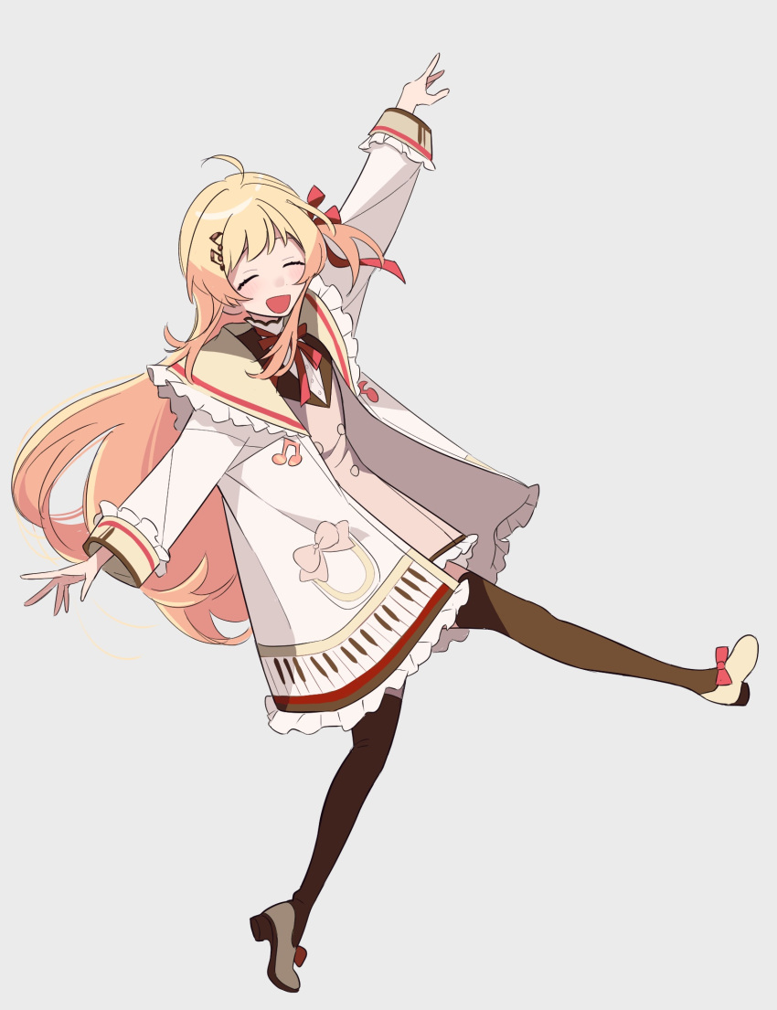 1girl, ahoge, asymmetrical_hair, blonde_hair, blush, breasts, brown_dress, brown_thighhighs