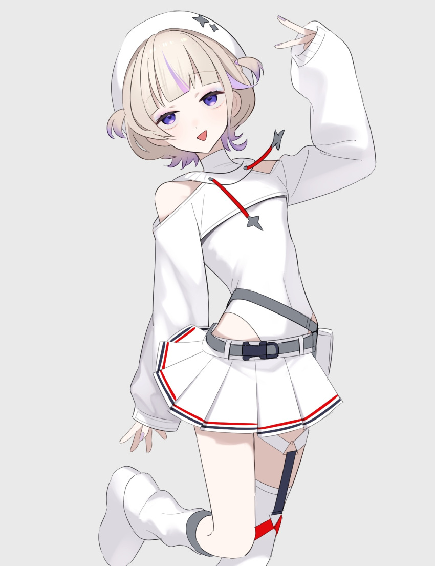 1girl, asymmetrical_legwear, belt, belt_pouch, beret, blonde_hair, blunt_bangs, breasts