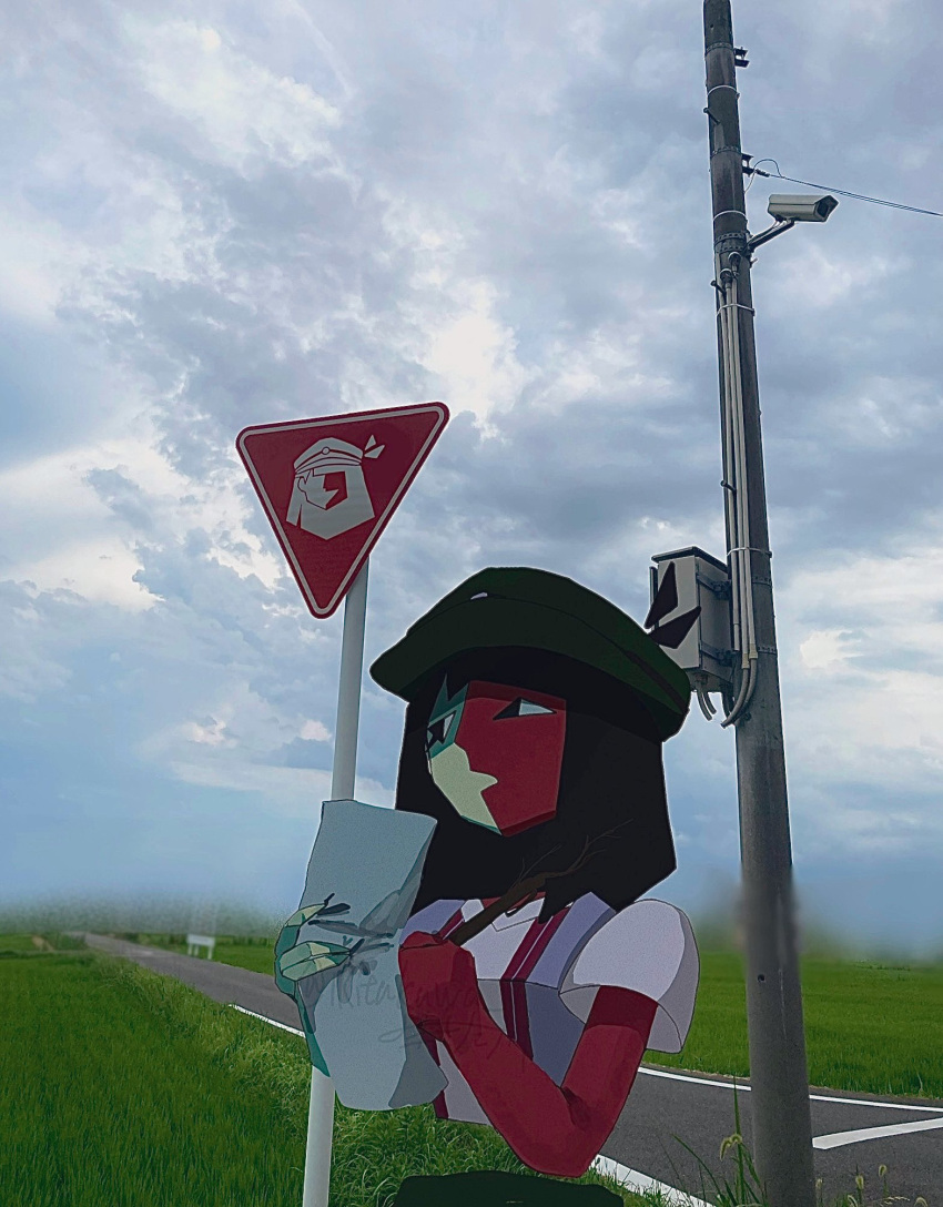 1girl, black_eyes, black_hair, clouds, ena_(dream_bbq)_(joel_g), ena_(series), green_hat, hands_up