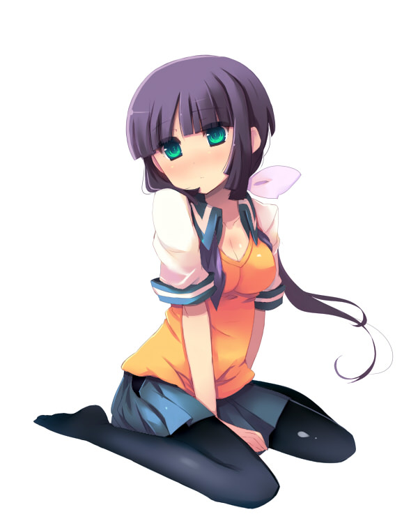 1girl, black_hair, black_legwear, black_pantyhose, blush, breasts, cleavage, feet