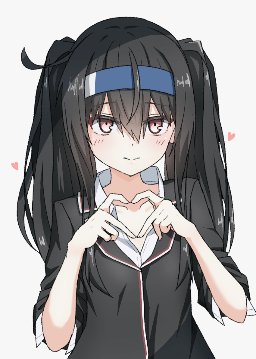 1girl, 4-finger_heart_hands, alternate_hairstyle, black_hair, black_jacket, blue_hairband, blush, closed_mouth