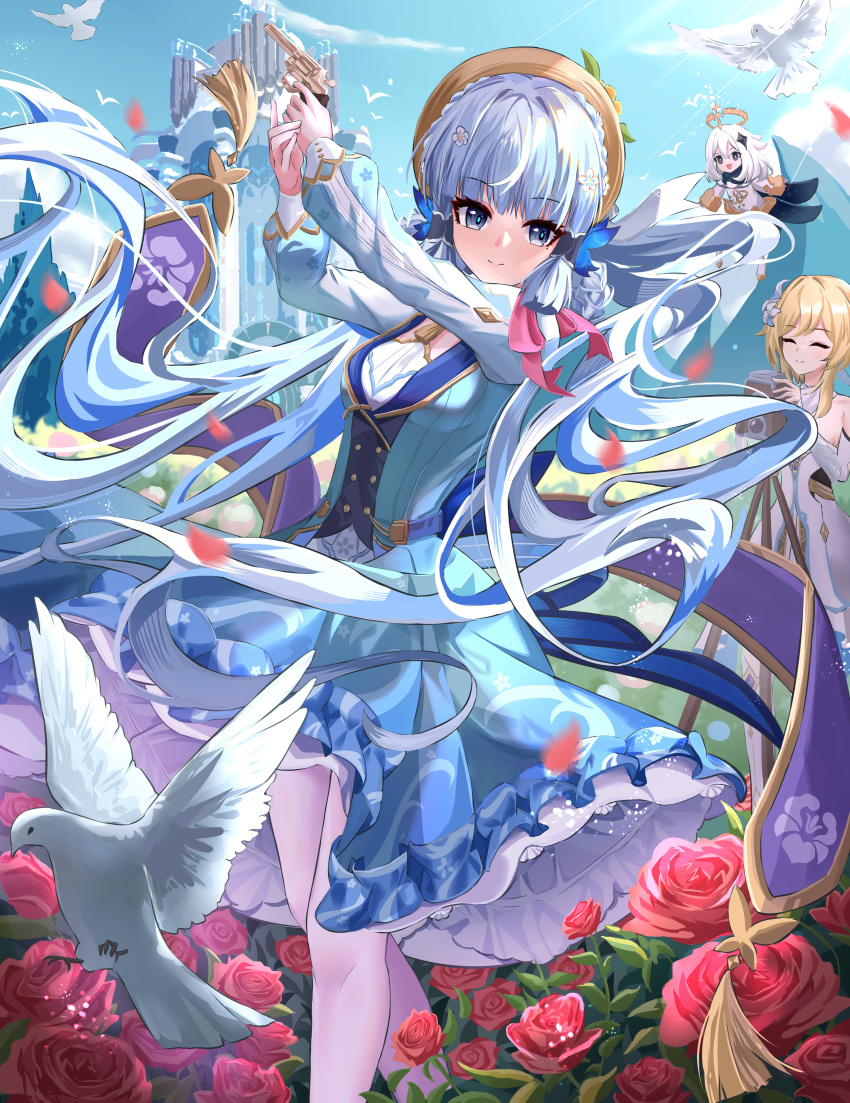 3girls, ^_^, absurdres, aichinaigai, arms_up, bird, black_cape, blonde_hair