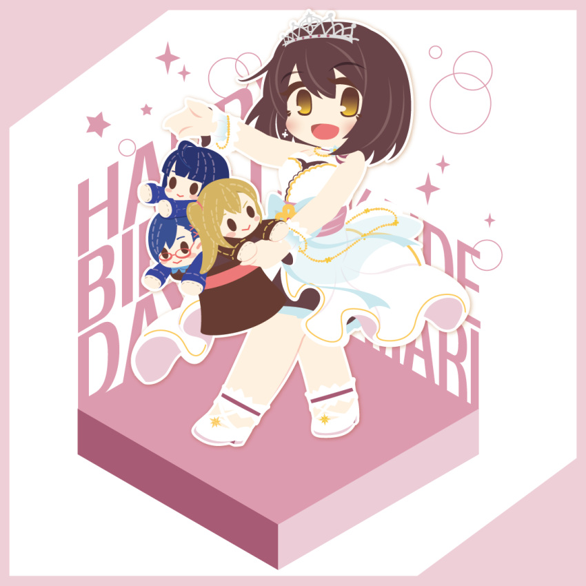 1girl, battle_girl_high_school, border, brown_eyes, brown_hair, character_doll, dress, full_body