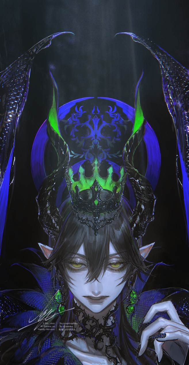 1boy, au_(d_elete), black_background, black_hair, blue_cape, cape, commentary, crown