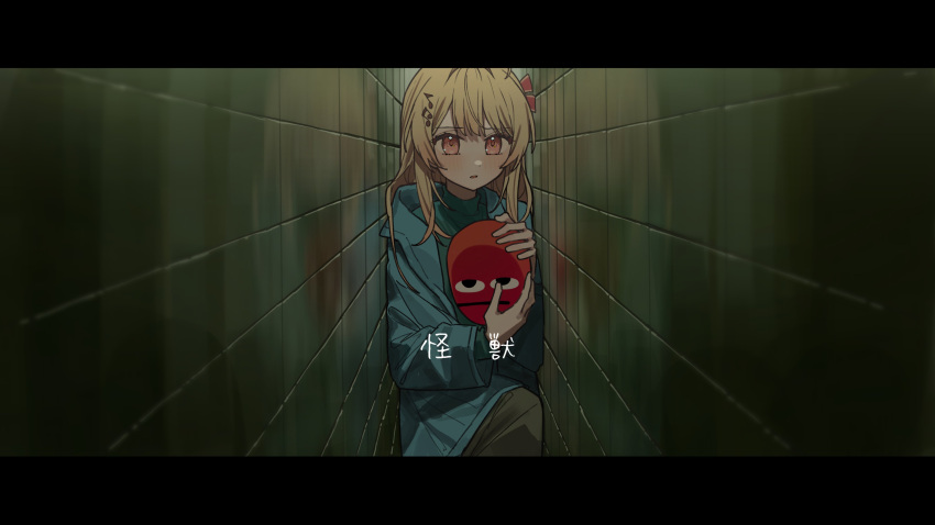 1girl, absurdres, alternate_costume, asymmetrical_bangs, blonde_hair, coat, cramped, emoji, encasement, green_coat, grey_pants, hair_ornament, hair_ribbon, highres, holding, hololive, hololive_dev_is, kaiju_(sakanaction), letterboxed, long_hair, long_sleeves, looking_at_viewer, musical_note, musical_note_hair_ornament, orange_eyes, otonose_kanade, pants, parody, parted_lips, ribbon, sakanaction, shirt, sidelocks, solo, tile_wall, tiles, tsukino_(nakajimaseiki), turtleneck, turtleneck_shirt, virtual_youtuber