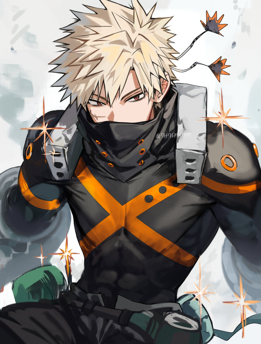 1boy, absurdres, bakugou_katsuki, belt, black_pants, blonde_hair, boku_no_hero_academia, collared_shirt