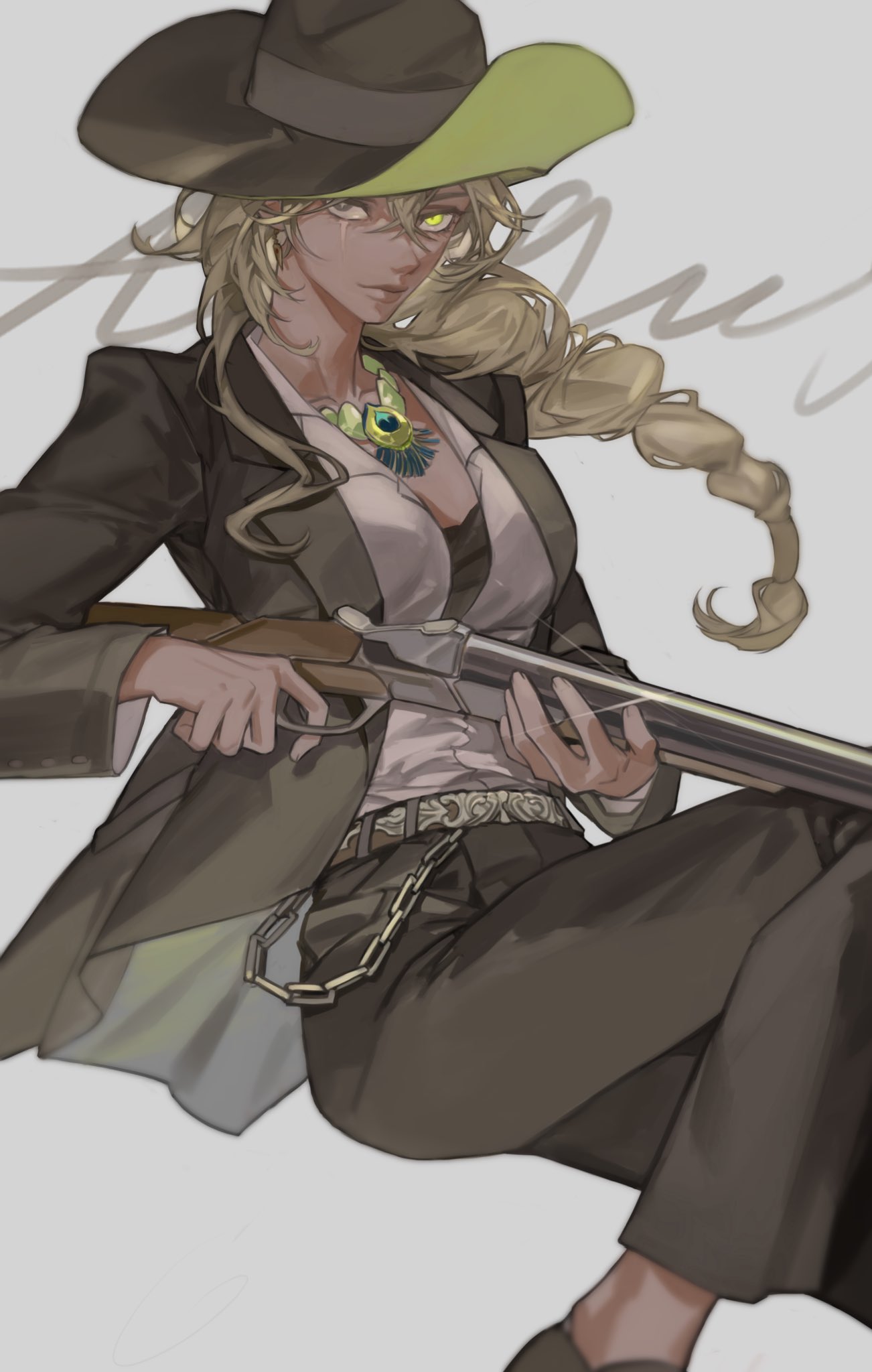 1girl, alternate_costume, argus_(reverse:1999), belt, black_hat, black_jacket, black_pants, black_suit