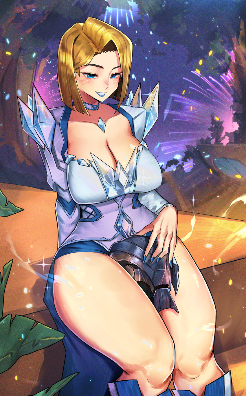 absurdres, blonde_hair, blue_eyes, blue_lips, breasts, crystal, diamond_(shape), dress