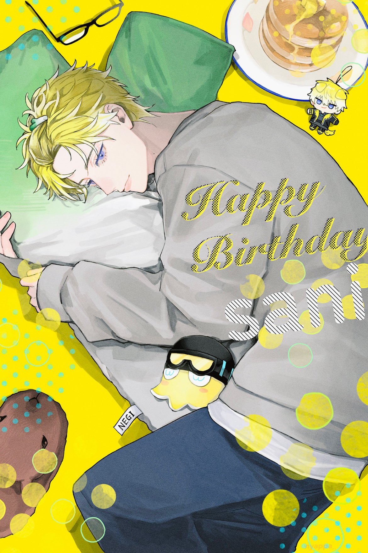 1boy, animal_slippers, bangs_pinned_back, black-framed_eyewear, black_pants, blonde_hair, blue_eyes, briskadet_(sonny_brisko)