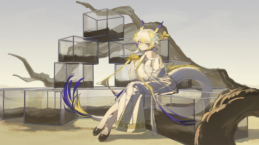 1girl, absurdres, arknights, blonde_hair, brown_shoes, closed_mouth, colored_extremities, commentary