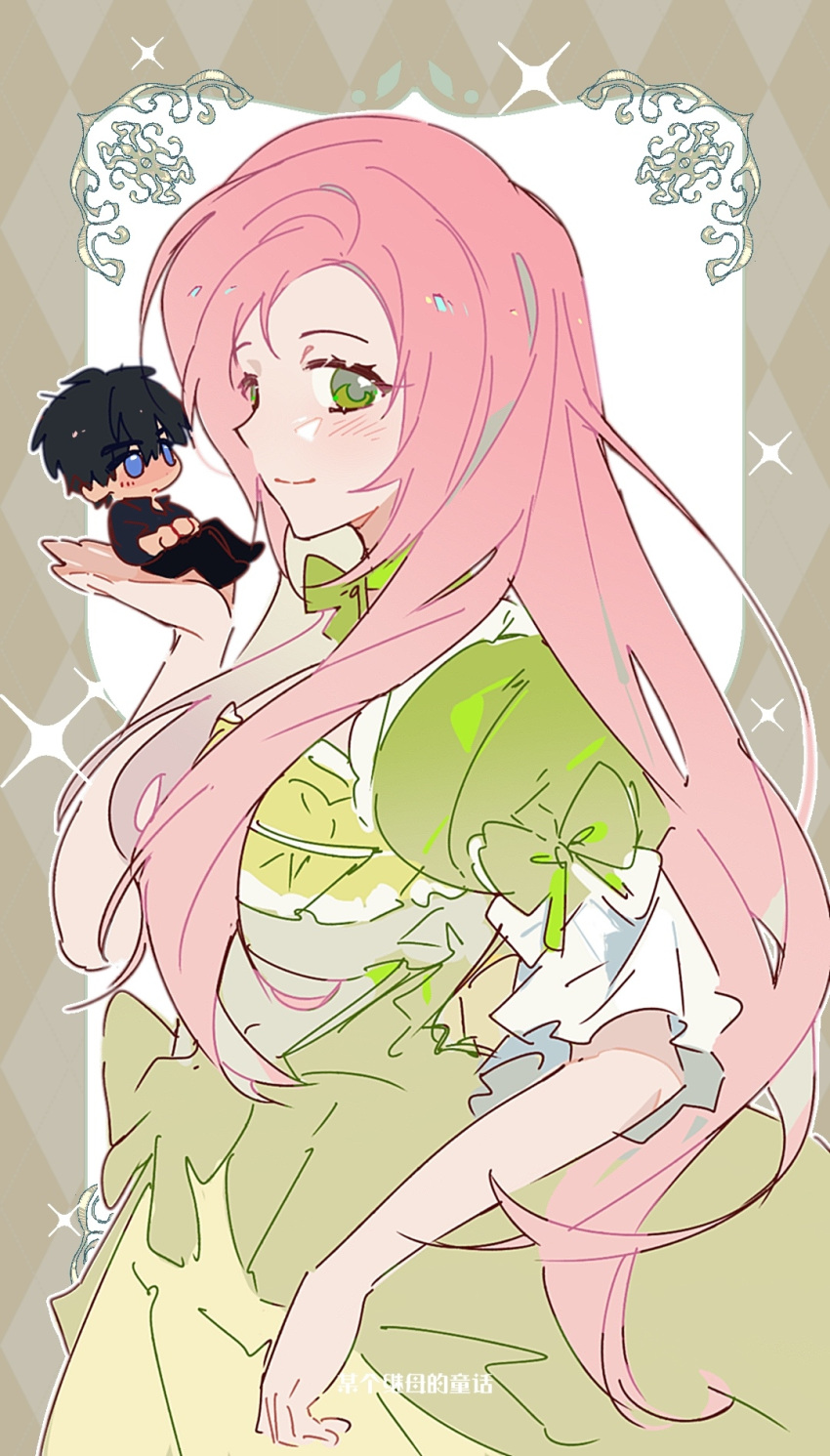 1boy, 1girl, aristocratic_clothes, black_hair, black_pants, black_shirt, blue_eyes, chinese_commentary