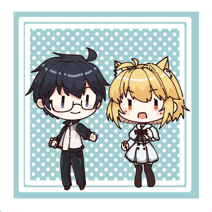 1boy, 1girl, absurdres, ahoge, animal_ear_fluff, animal_ears, arcueid_brunestud, black_hair, black_ribbon, black_thighhighs, blue_eyes, blush, cat_ears, cat_girl, coat, couple, dress, glasses, highres, jacket, looking_at_another, open_clothes, open_jacket, open_mouth, pants, red_eyes, ribbon, simple_background, smile, thigh-highs, tohno_shiki, tsukihime, tsukihime_(remake), user_vkjy5545, white_dress