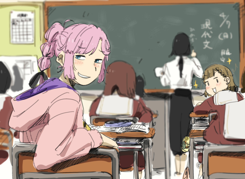 524ryo, 6+girls, ahoge, alt_text, anyoji_hime, black_ribbon, blue_eyes, blurry