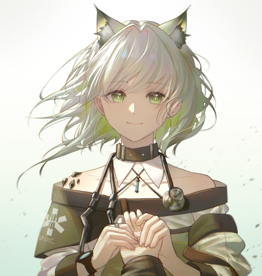 1girl, animal_ear_fluff, animal_ears, arknights, aura_mage, bare_shoulders, bright_pupils, closed_mouth