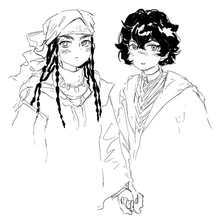 2girls, agott_(tongari_boushi_no_atelier), black_hair, cape, hand_on_another's_hand, highres, holding_hands, long_braid