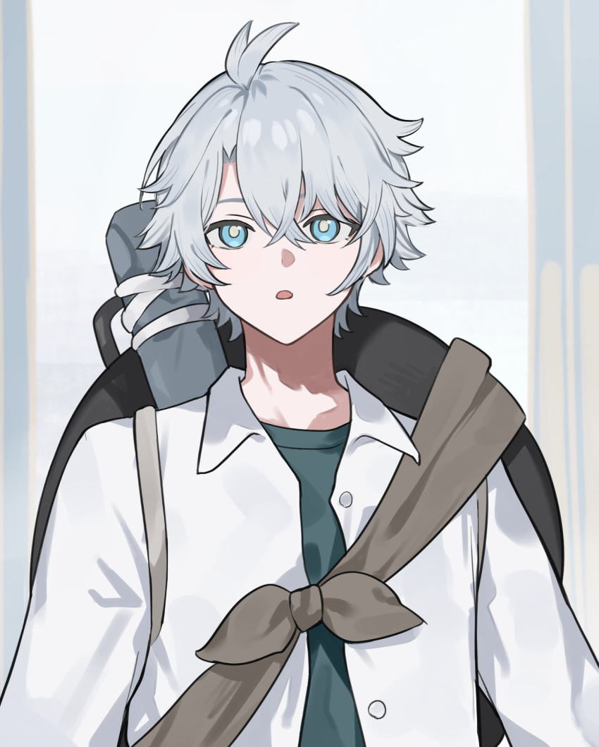 1boy, :o, antenna_hair, blue_eyes, blue_shirt, collared_shirt, commentary, frying_pan