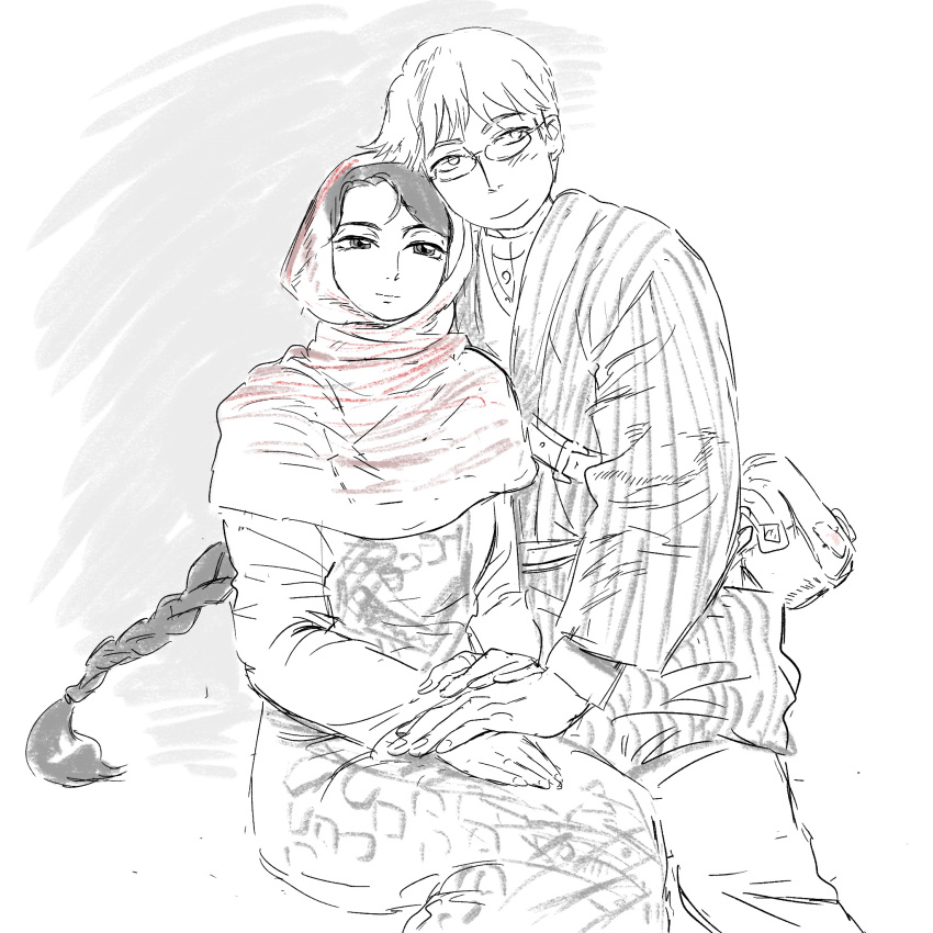 1boy, 1girl, bag, braid, braided_ponytail, greyscale, hand_on_another's_hand, handbag