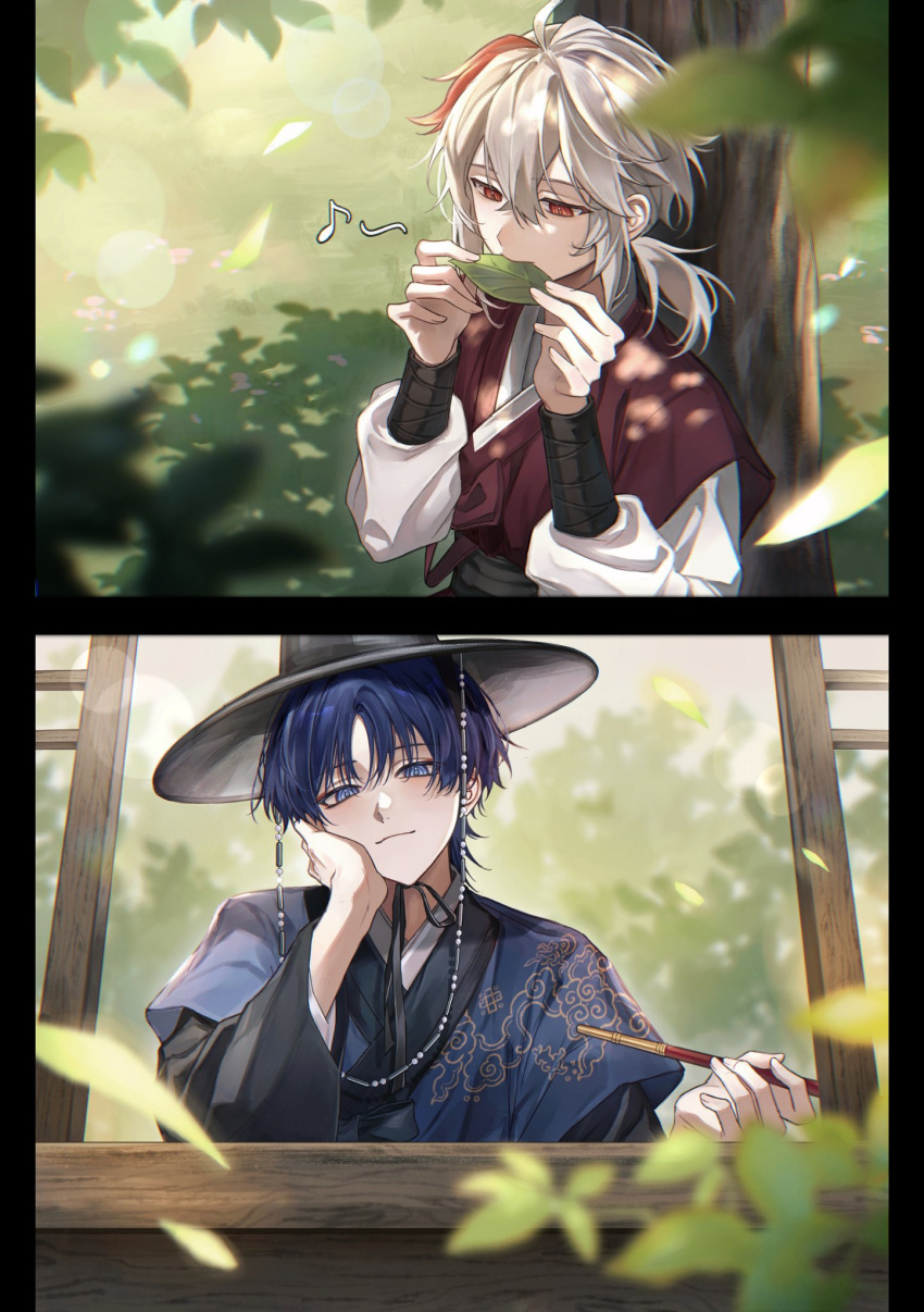 2boys, blue_eyes, blue_hair, clothing_request, commentary, eighth_note, english_commentary, genshin_impact, hat, head_on_hand, highres, holding, holding_leaf, kaedehara_kazuha, leaf, leaf_flute, looking_at_another, low_ponytail, male_focus, miruozi, multicolored_hair, multiple_boys, musical_note, ponytail, red_eyes, red_hair, scaramouche_(genshin_impact), short_hair, streaked_hair, tree, two-tone_hair, white_hair