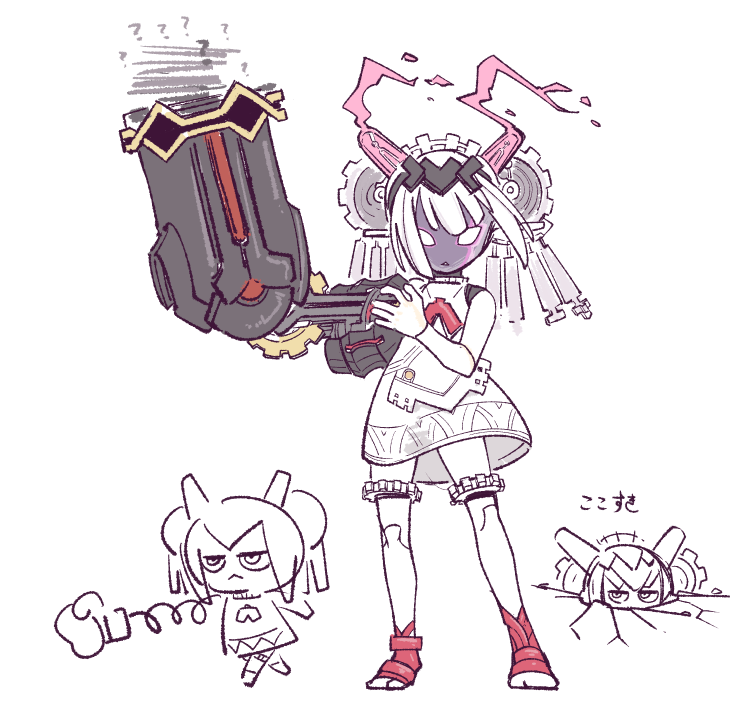 1girl, ?, bare_shoulders, breasts, cerasus_jam, chibi, daedalus_(fate), doll_joints, dress, expressionless, fate/grand_order, fate_(series), full_body, gears, glowing_pupils, hair_between_eyes, hairband, joints, light_bulb, light_bulb_hair_ornament, looking_at_viewer, mechanical_arms, medium_hair, naucrate_(fate), partially_buried, robot_girl, rocket_punch, simple_background, single_mechanical_arm, sketch, sleeveless, small_breasts, solo, spring_(object), thigh-highs, translation_request, vacuum_tube, white_background, white_dress, white_hair, white_thighhighs, yellow_eyes