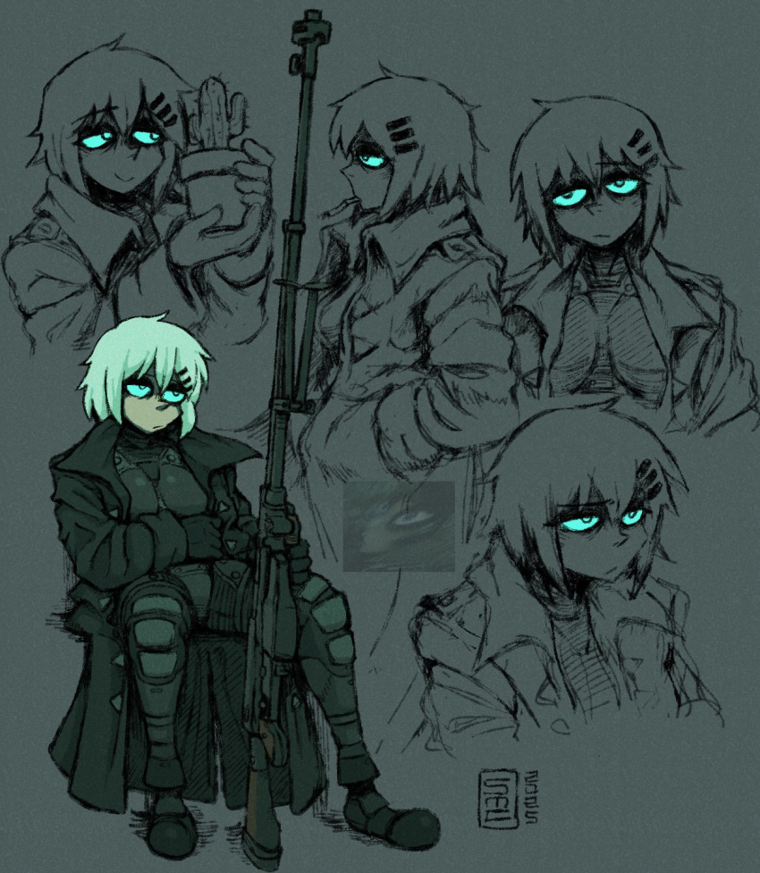 1girl, anti-materiel_rifle, black_bodysuit, blue_eyes, bodysuit, cactus, cigarette, coat