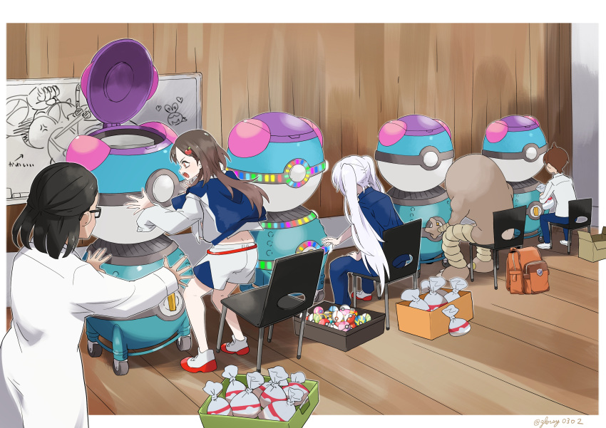 1boy, 3girls, absurdres, applin, arrow_(symbol), bag, black_hair, blue_pants