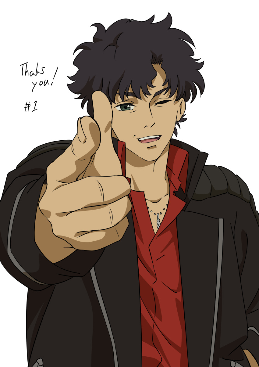 1boy, absurdres, axel_(lazarus), black_hair, black_jacket, disheveled, finger_gun, hand_in_pocket