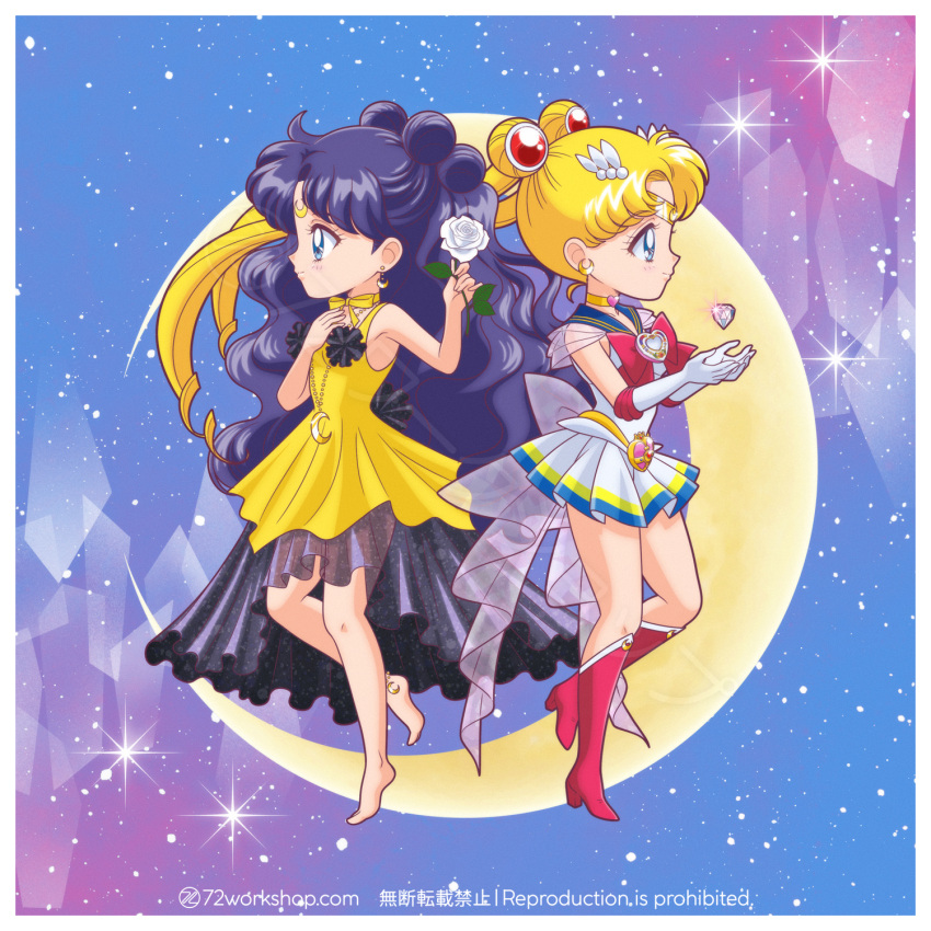 2girls, 72workshop, artist_name, back-to-back, bare_shoulders, barefoot, bishoujo_senshi_sailor_moon, bishoujo_senshi_sailor_moon_supers