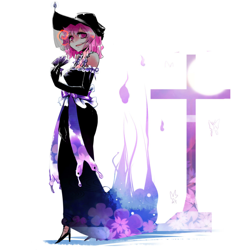 alternate_costume, bare_shoulders, cross, dress, fan, folding_fan, formal, hat