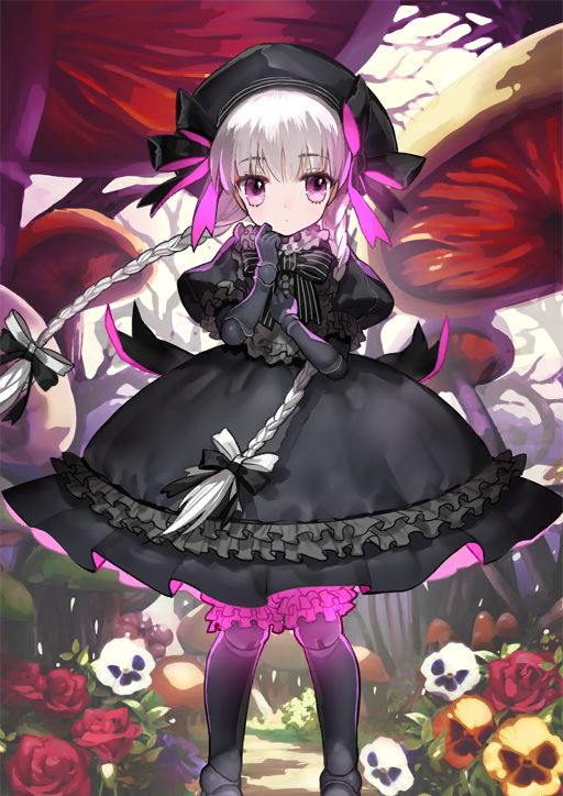1girl, black_bow, black_bowtie, black_dress, black_hat, black_skin, bow, bowtie