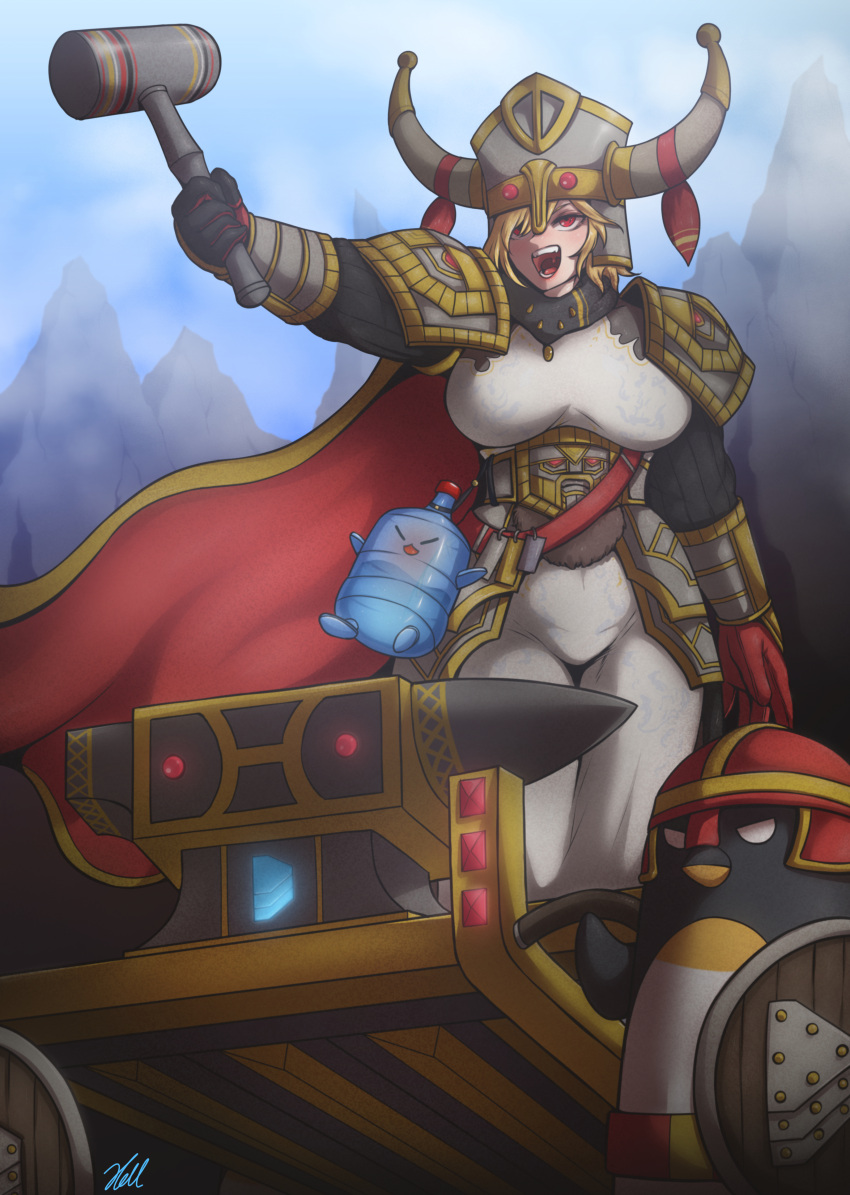 1girl, :d, absurdres, anvil, armor, blonde_hair, cape, commission