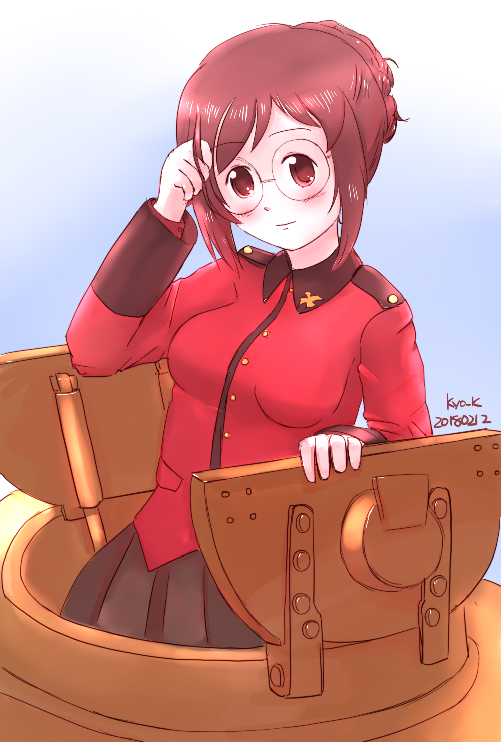 1girl, black_skirt, blush, breasts, brown_eyes, brown_hair, girls_und_panzer, glasses